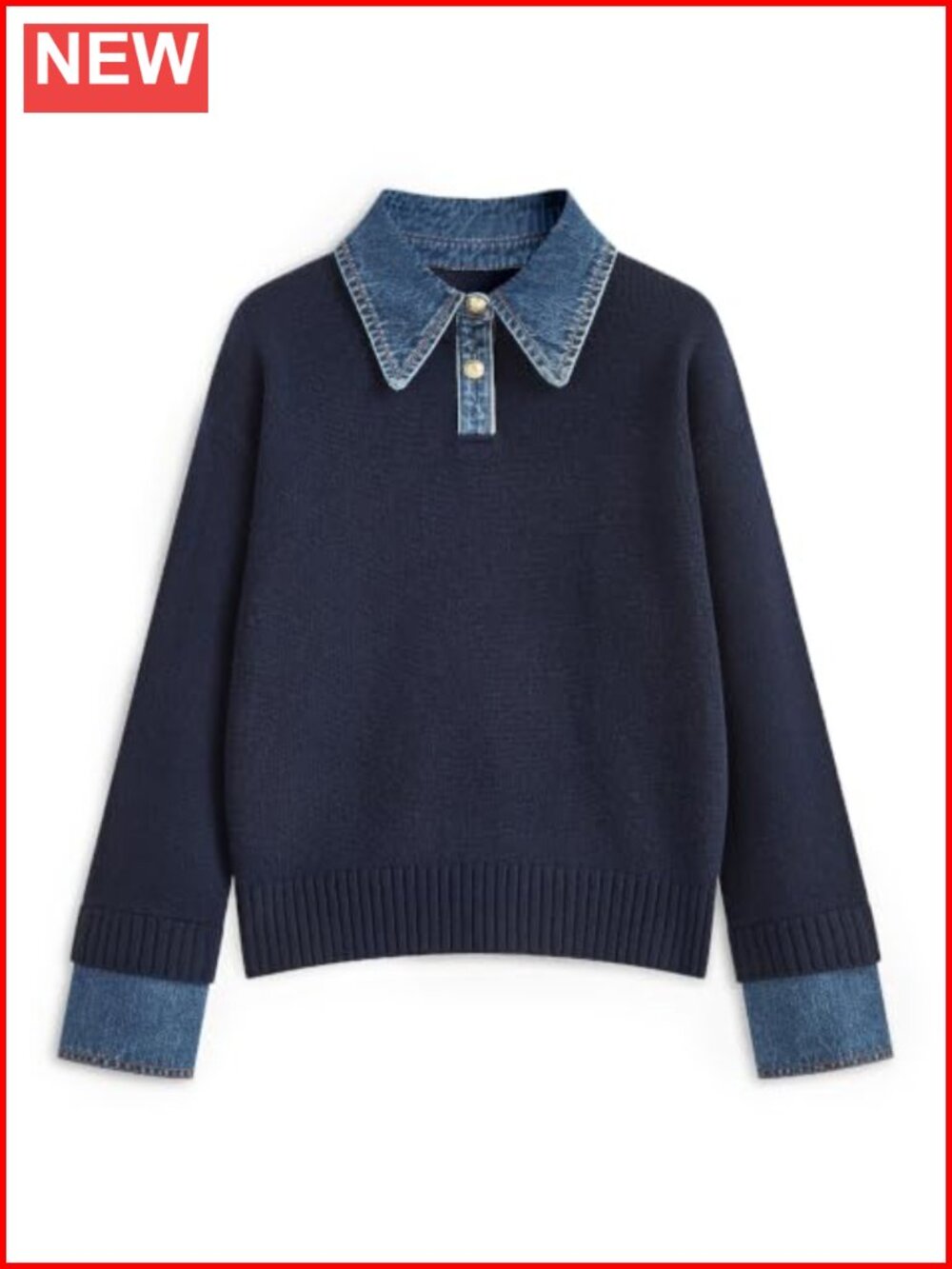 Oversized Knit Sweater Denim Polo Collar Long Sleeve Pullover